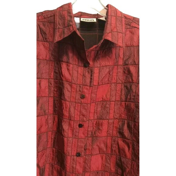 Chico's Red Black Patchwork Shirt Jacket M Boho Goth Dark Academia - Picture 2 of 5